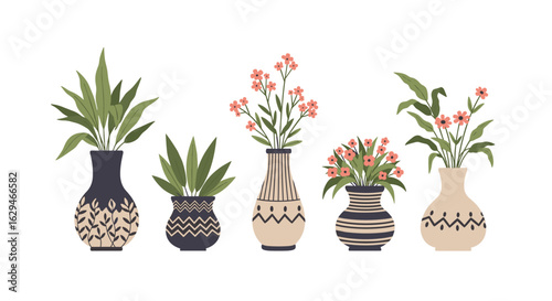 Beautiful boho chic flower vases with green plants and flowers collection