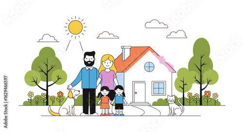Happy family enjoying a sunny day at their beautiful home with pets and greenery