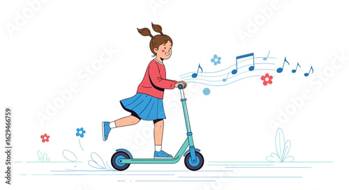 Young girl enjoying a joyful ride on an electric scooter with musical notes floating in the air