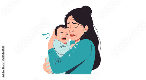 Mother embracing crying baby experiencing emotional distress and parental exhaustion a difficult moment for childcare