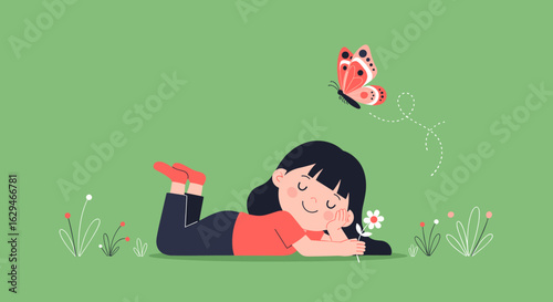 A peaceful young girl enjoys nature lying down watching a butterfly fly above her
