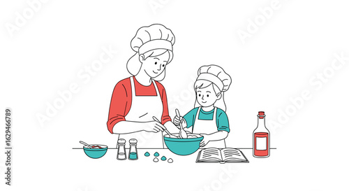 Happy family cooking together learning new recipes and enjoying culinary activities