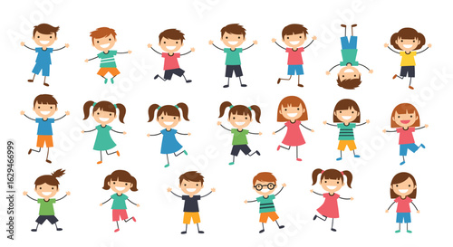 Collection of energetic diverse children playing and having fun together in various poses