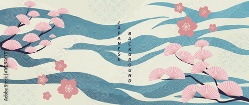 Japanese ocean wave pattern background vector. Wallpaper oriental design with wave pattern, cherry blossom flower, ginkgo leaves branch. Illustration for banner, wall art, website, interior.