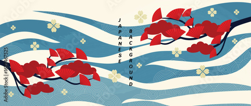 Japanese ocean wave pattern background vector. Wallpaper oriental design with wave pattern, cherry blossom flower, ginkgo leaves branch. Illustration for banner, wall art, website, interior.