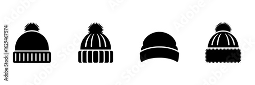 Winter hat icon set. Vector illustration of black and white knitted beanie, bobble hat and earflap hat collection. Simple winter clothing symbol, logo for apparel design.