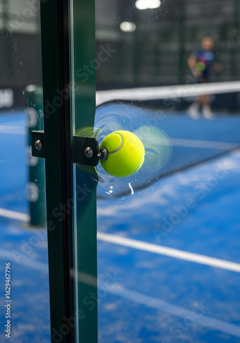 Close-up of a yellow tennis ball hitting the glass wall of a paddle tennis court, with the net and a player visible in the background.