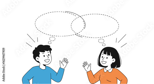 Two children communicating ideas through thought bubbles offering mutual understanding and connection