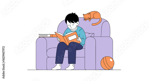 A young boy enjoys a peaceful afternoon reading a book on a comfortable armchair with a playful cat lounging on top of the furniture and a basketball nearby for a fun recreation.