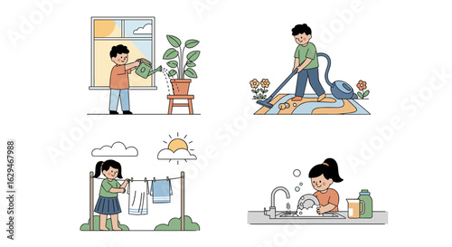 Children engage in household chores and daily activities for a tidy home environment