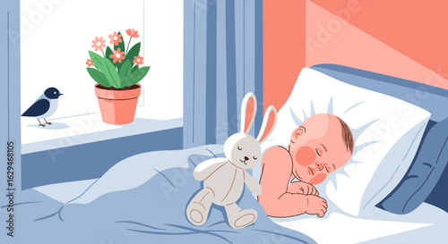 Peaceful infant slumber with beloved plush toy and morning birdsong outdoors