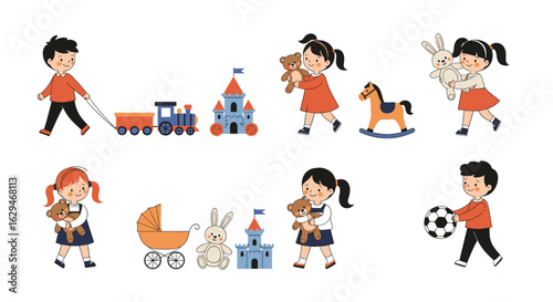 Children enjoying various toys indoors with castle train horse and doll playtime activities