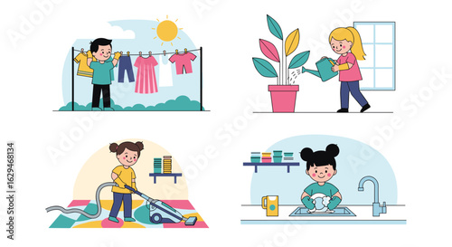 Children participating in household chores and daily activities making home pleasant
