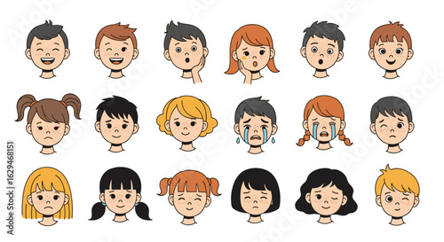 Collection of diverse child expressions showing happiness sadness surprise and other emotions