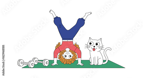 Young woman does handstand exercise with dumbbells and cat nearby enjoying peaceful morning routine