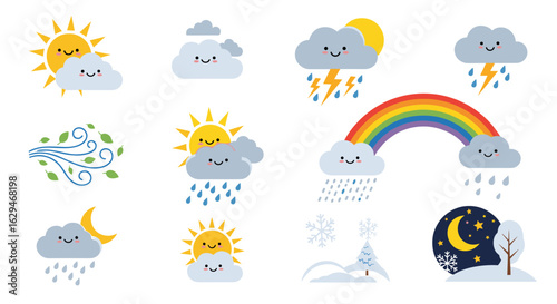 Understanding diverse weather conditions illustrated with cheerful meteorological icons