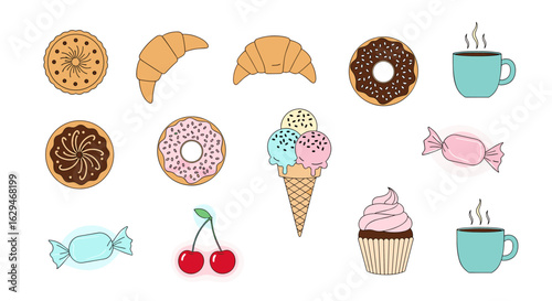 Collection of sweet desserts and hot beverages for a delicious treat