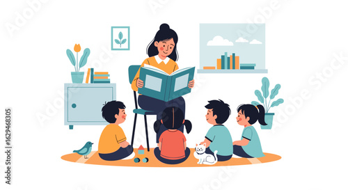 Educator engages young children in interactive storytelling session fostering imagination and learning