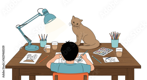 Young artist deeply focused on drawing while their beloved cat observes nearby