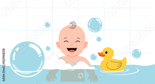 Joyful baby bath time fun with bubbles and yellow rubber duck
