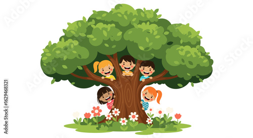 Happy diverse children playing hide and seek behind a big green tree in a sunny meadow surrounded by flowers and grass