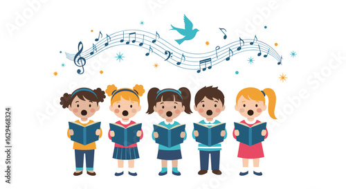 Young children sing together performing a musical piece with happiness