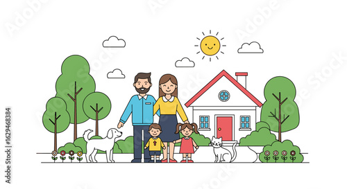 Happy family enjoying a sunny day in front of their dream home with pets and greenery