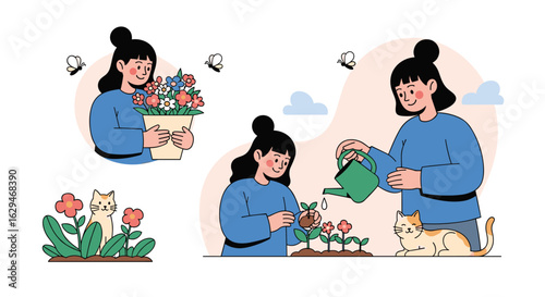 Joyful gardening with plants and a cute cat companionship fostering happiness and nature appreciation