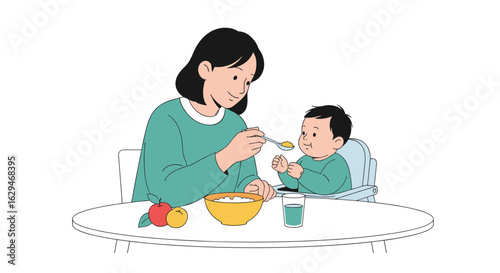 Mother feeding a baby with healthy food on the table with fruits and bowl