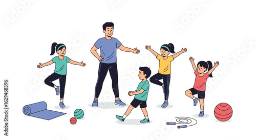 Active children enjoying fun fitness session with enthusiastic instructor outdoors creating healthy habits