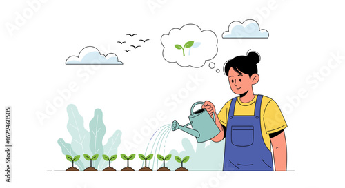 A young farmer diligently waters a row of sprouting plants fostering growth and a hopeful future