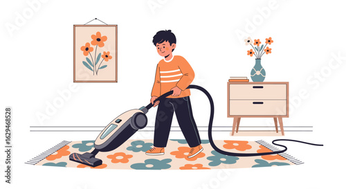 Young boy vacuuming a colorful rug in a bright room with artwork and a vase of flowers