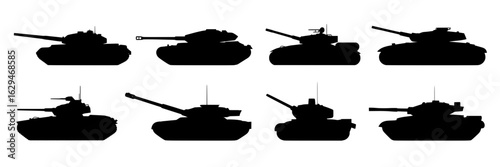 Set of eight black and white vector silhouettes of military tanks. Monochrome illustrations of armored vehicles, cannons, turrets, and tracks. Design elements for military, war, or history projects.