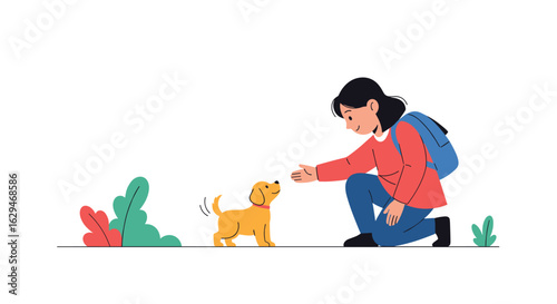 Young person teaches a small dog new tricks in the park with green plants and trees