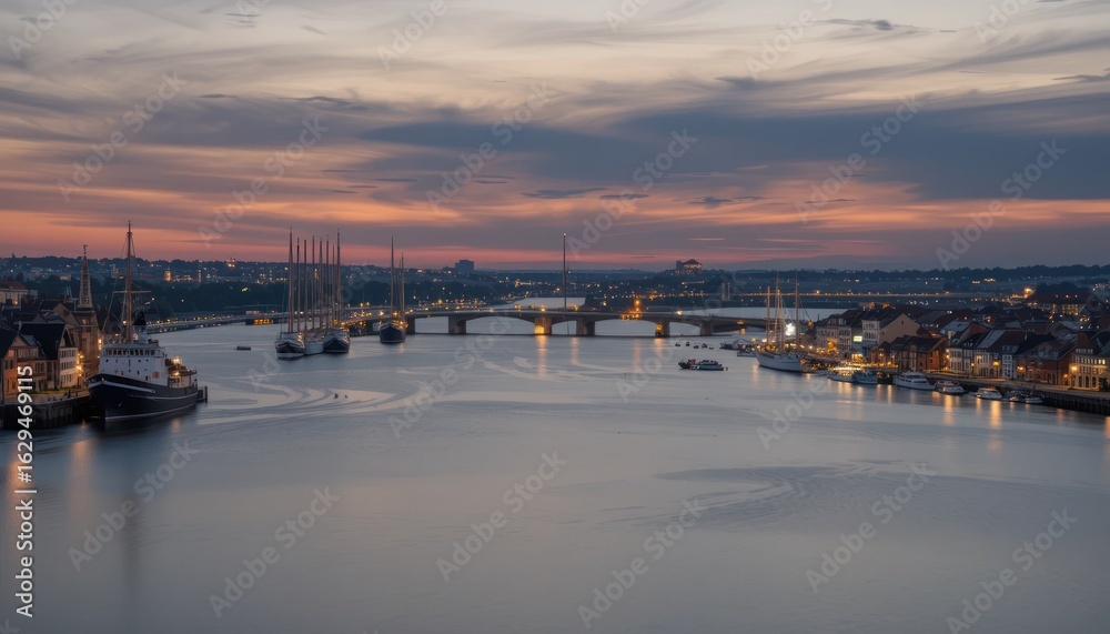 Naklejka premium Twilight Cityscape: River, Bridge, and Ships at Sunset