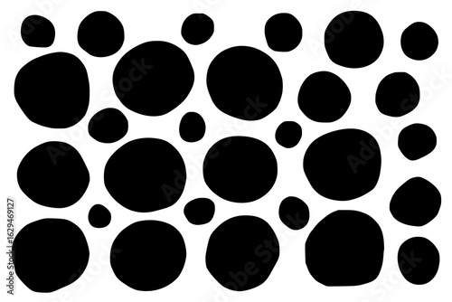 Set of small, large black circles of different diameters, shapes, carelessly cut with scissors. Vector background for text, picture, title, tag, store price tag, discount, sale, children's creativity.