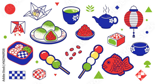 Colorful Japanese Food and Culture Elements in Vector Illustration