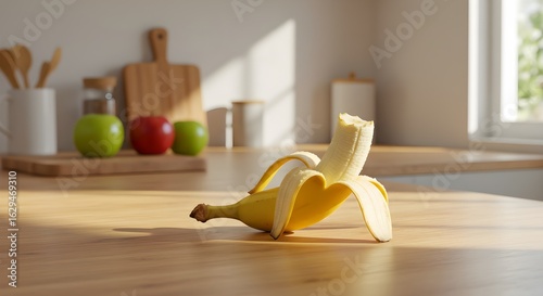 Realistic Bitten Banana on Wooden Table in Minimalist Kitchen – Food Mockup

