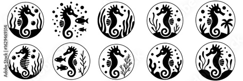 Set of ten monochrome seahorse logo designs. Black and white vector illustrations featuring seahorses, seaweed, fish, bubbles, corals and palm trees. Circular icons for marine life, ocean themes.