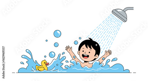 Happy young child splashing water during bath time with rubber ducky and shower spray