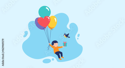 Joyful child ascending with balloons and a gift carried by a gentle breeze