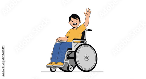 A happy boy in a wheelchair waves hello demonstrating inclusion and accessibility concepts