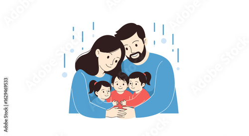 A loving family with parents and three young children sharing a warm embrace
