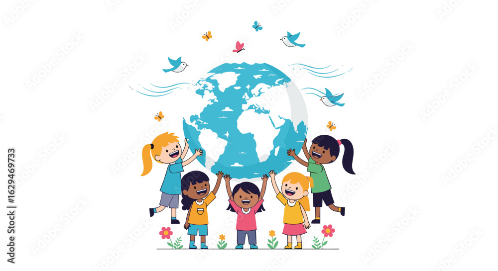 Fototapeta premium Children around the world holding up the planet earth together symbolizing unity and hope for the future