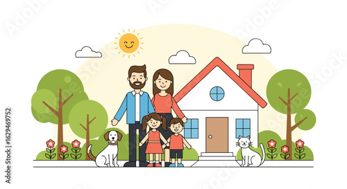 Happy family standing in front of their new home with pets under the sunny sky