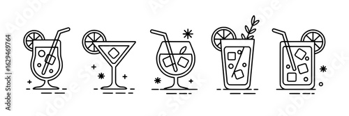 Minimalist vector line art cocktail collection. Set of five drinks with ice, straws, lemon slices, herbs. Simple black and white line drawings for menus, bars, and party invitations. Modern, graphic d