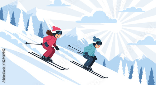 Two people enjoying a winter ski trip down a snowy mountain slope under a bright sun
