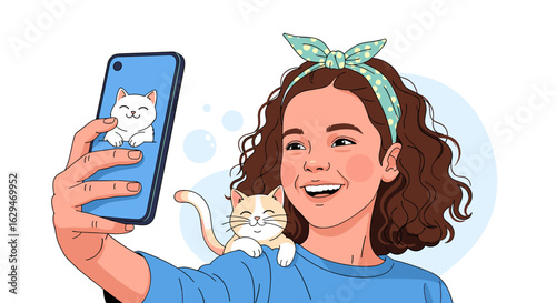 Cute girl takes a selfie with her adorable kitten