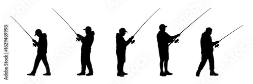 Fishing silhouette vector collection: Five men holding fishing rods, monochrome illustration set. Black shapes of fishermen in different poses on a white background. Outdoor activity, hobby, leisure c