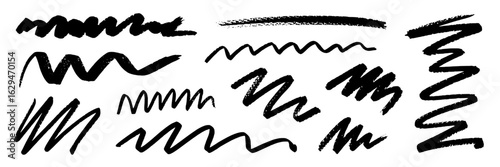 Hand-drawn scribble line collection. Black marker pen or brush strokes, zigzags, waves, and squiggles. Design elements set - rough sketched doodles, underlines, and decorative markings. Monochrome vec